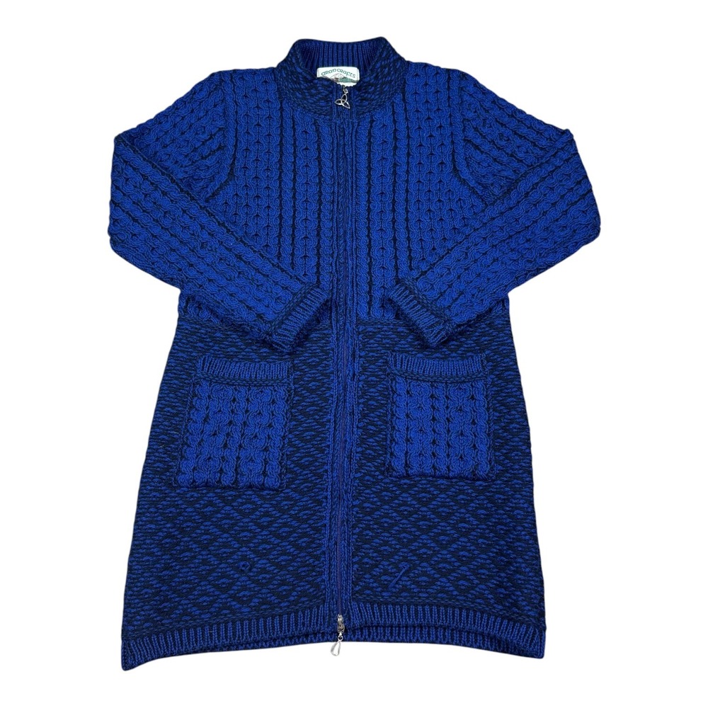 Aran Crafts 100% Merino Wool‎ Full Zip Knit Blue Sweater Women's XS FLAW